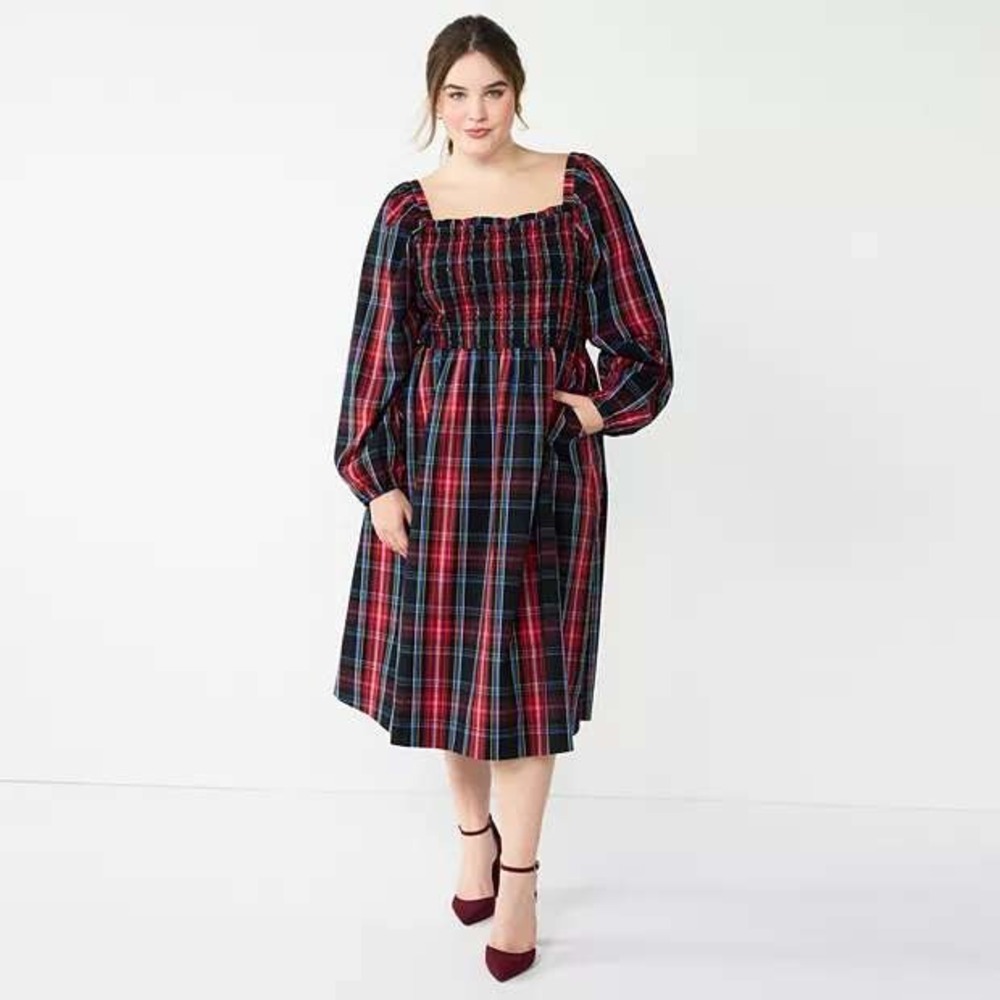 Draper James RSVP Midi Dress 2X Red Tartan Plaid Smocked Square Neck Long Sleeve